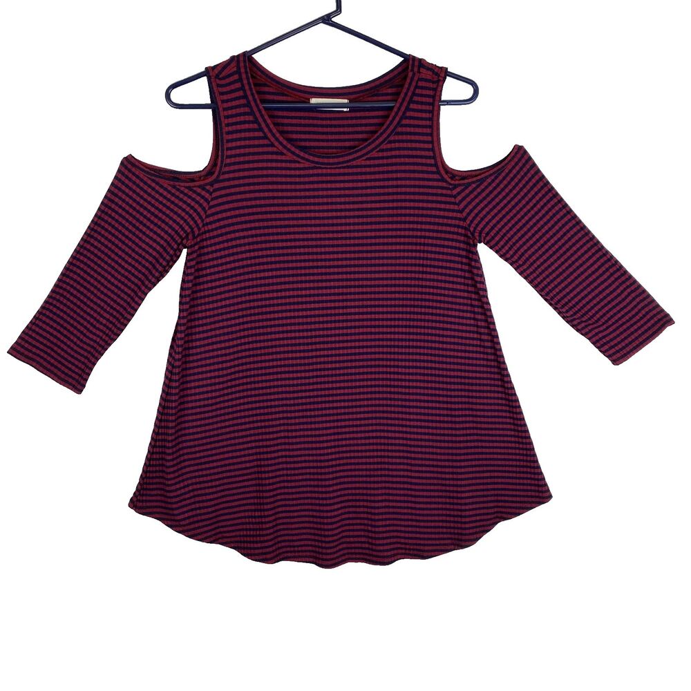 Women’s Magenta Navy Striped Cold Shoulder Top Long Sleeve Size M - Picture 2 of 12